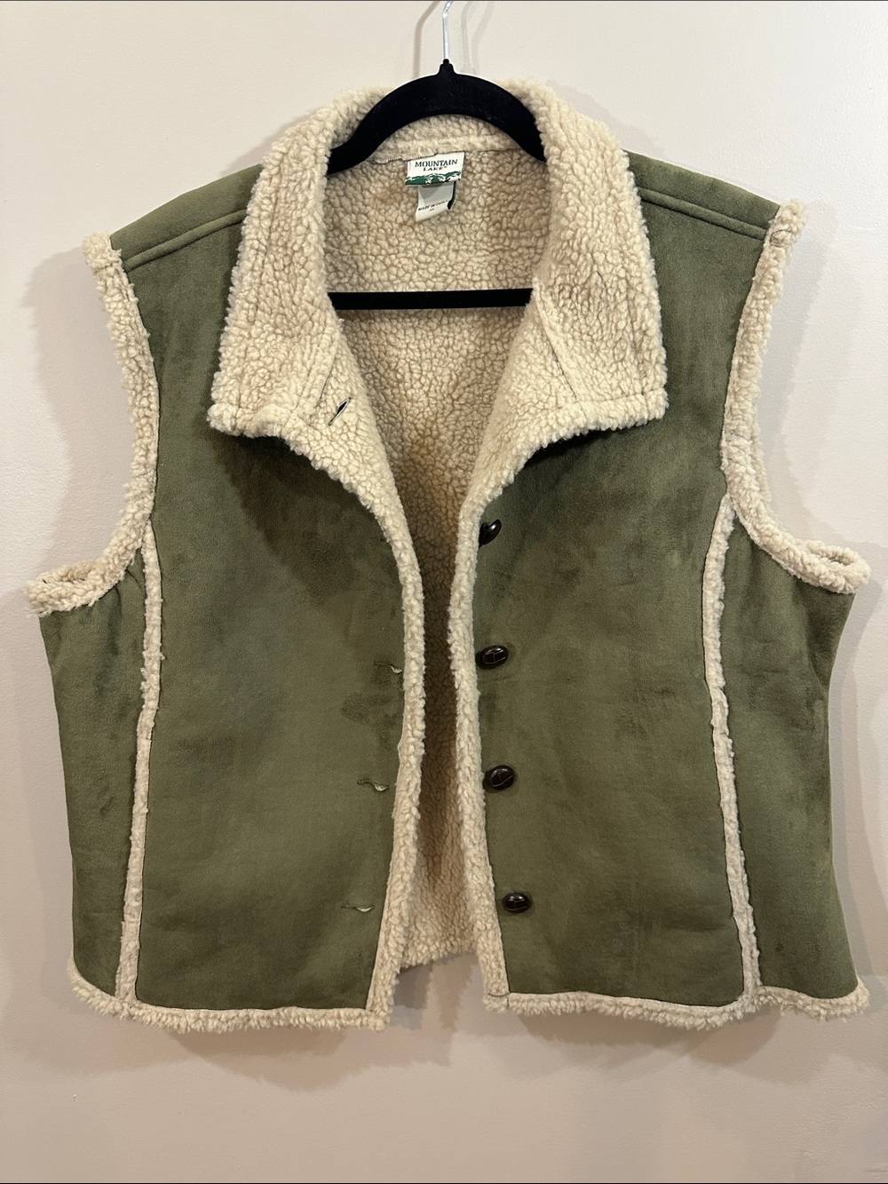 Mountain Lake Olive Green Faux Suede Vest with Cream Shearling Trim, XL